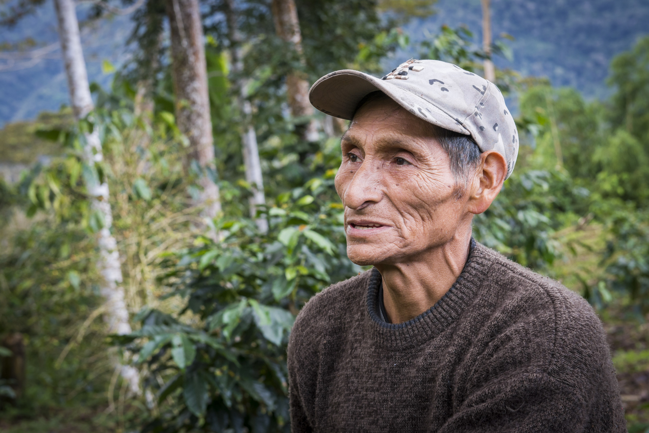 Coffee farmer Juan Mamami who produces Fairtrade, triple certified coffee 