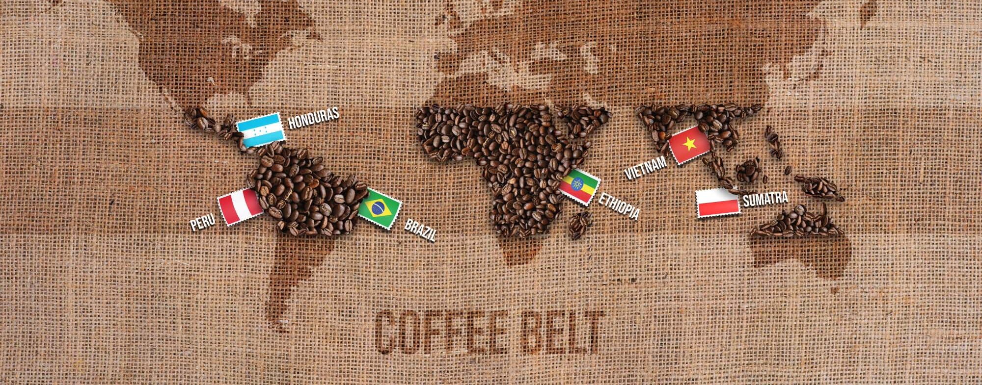 Illustration of the world map with a hessian background with coffee beans to represent the countries where Matthew Algie sources their coffee beans.