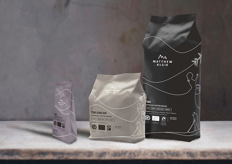 Trio shot of the Matthew Algie coffee range, including filter coffee, decaf and coffee beans.