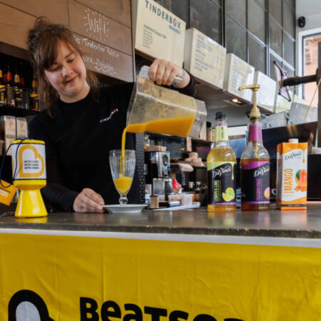 Tinderbox staff Making Mango cooler with DaVinci Ingredients 