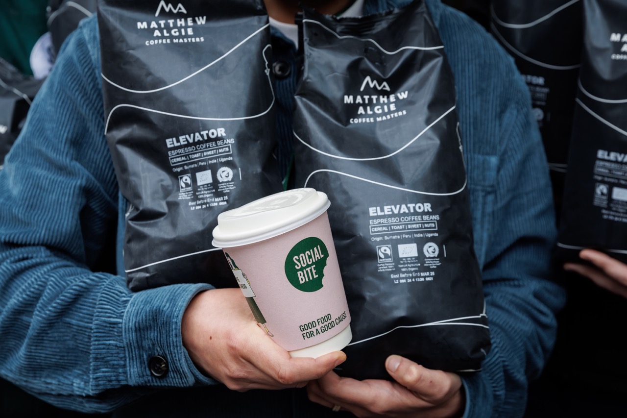 Matthew Algie coffee bags with social bite takeaway cup