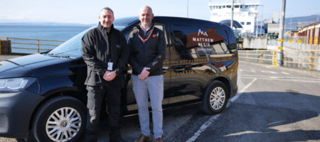 Calmac Retail Lead and Matthew Algie field service engineer standing side by side next to Matthew Algie Van 